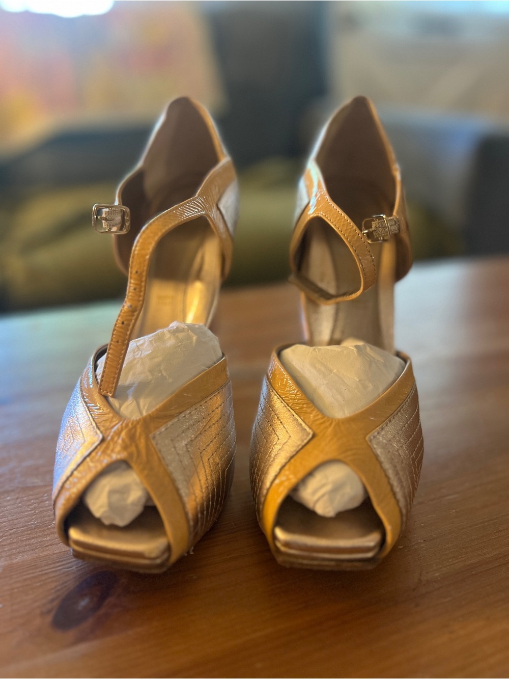 Metallic Gold Peep-Toe T-Strap Heels